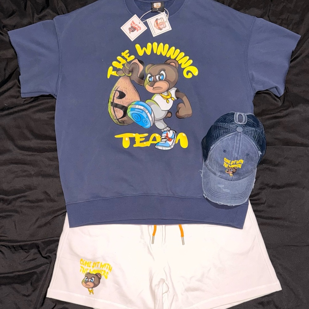 🏆THE WINNING TEAM🏆 navy/maize and white graphic hat, sweatshirt and shorts set.